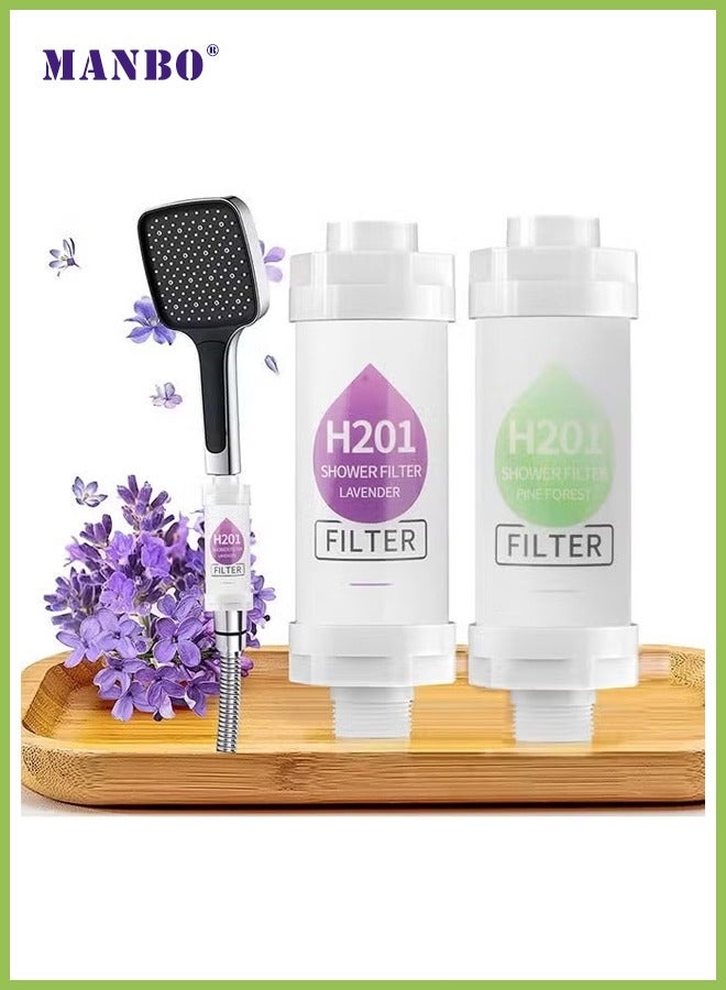 MANBO 2-pack lavender and pine scented shower filters: aromatherapy water softener, removes chlorine and fluoride, easy to install, universal shower head outlet, for healthier skin and hair. - Image 1